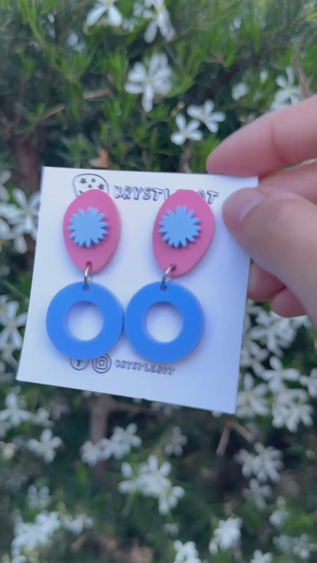 Blue and pink circle oval and starburst dangles, Acrylic earrings, Lightweight dangles,Teacher Earrings