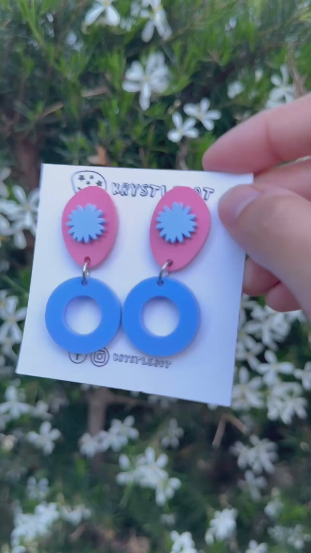 Blue and pink circle oval and starburst dangles, Acrylic earrings, Lightweight dangles,Teacher Earrings
