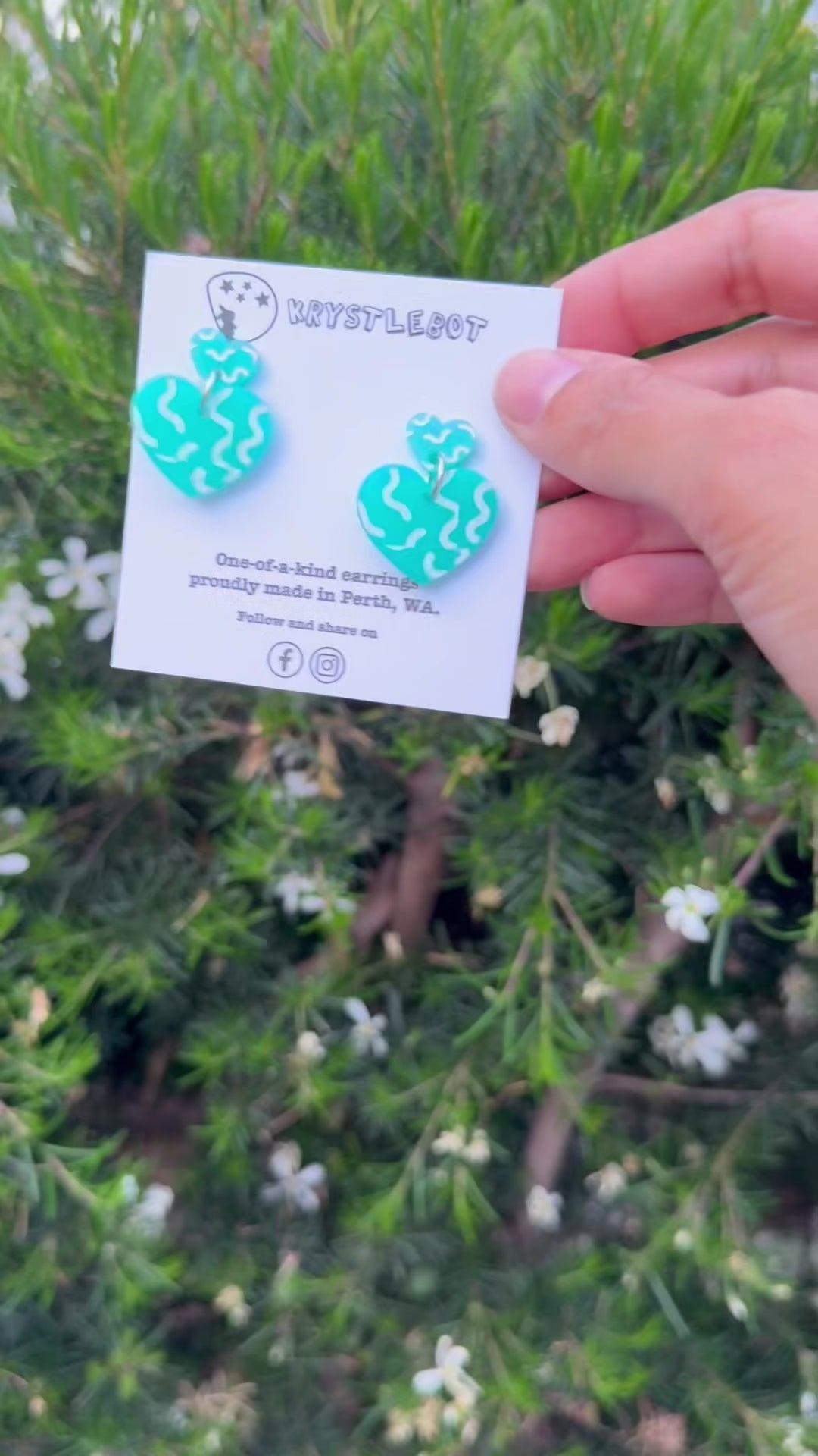 Green Squiggle Hand Painted Heart Earrings