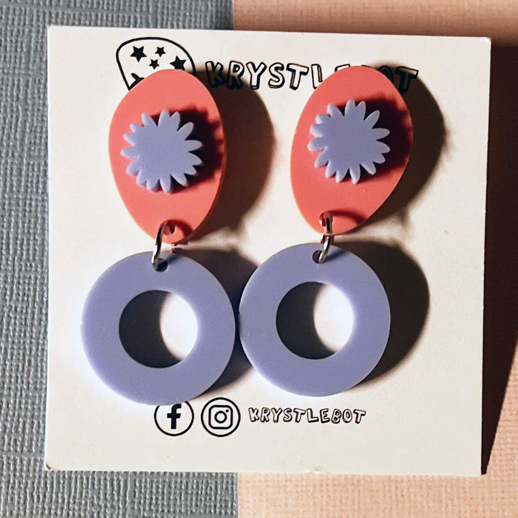 Blue and pink circle oval and starburst dangles, Acrylic earrings, Lightweight dangles,Teacher Earrings
