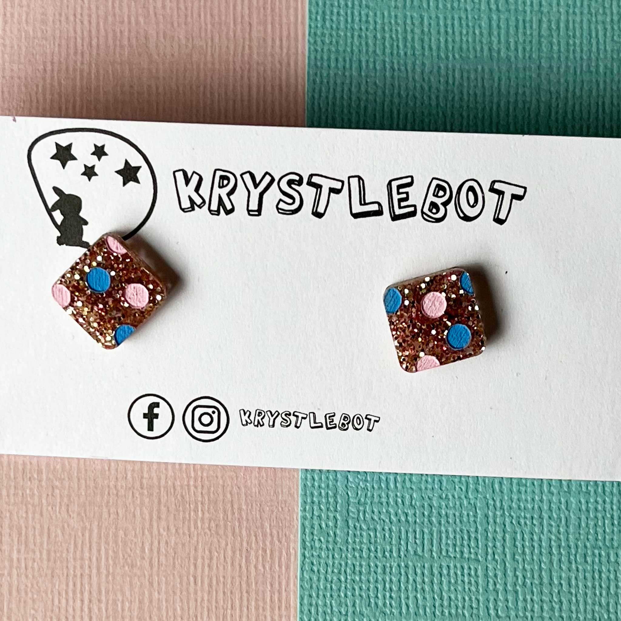 Rose gold glitter with pink and blue coloured spotted painted square studs, Teacher Gifts, Everyday earrings, Basic Studs