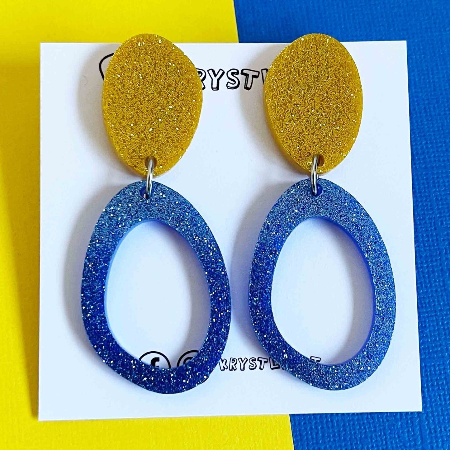 Big yellow and blue glitter oval dangles, mega lightweight statement earrings, mismatched earrings, sparkly earrings, party earrings - Krystlebot