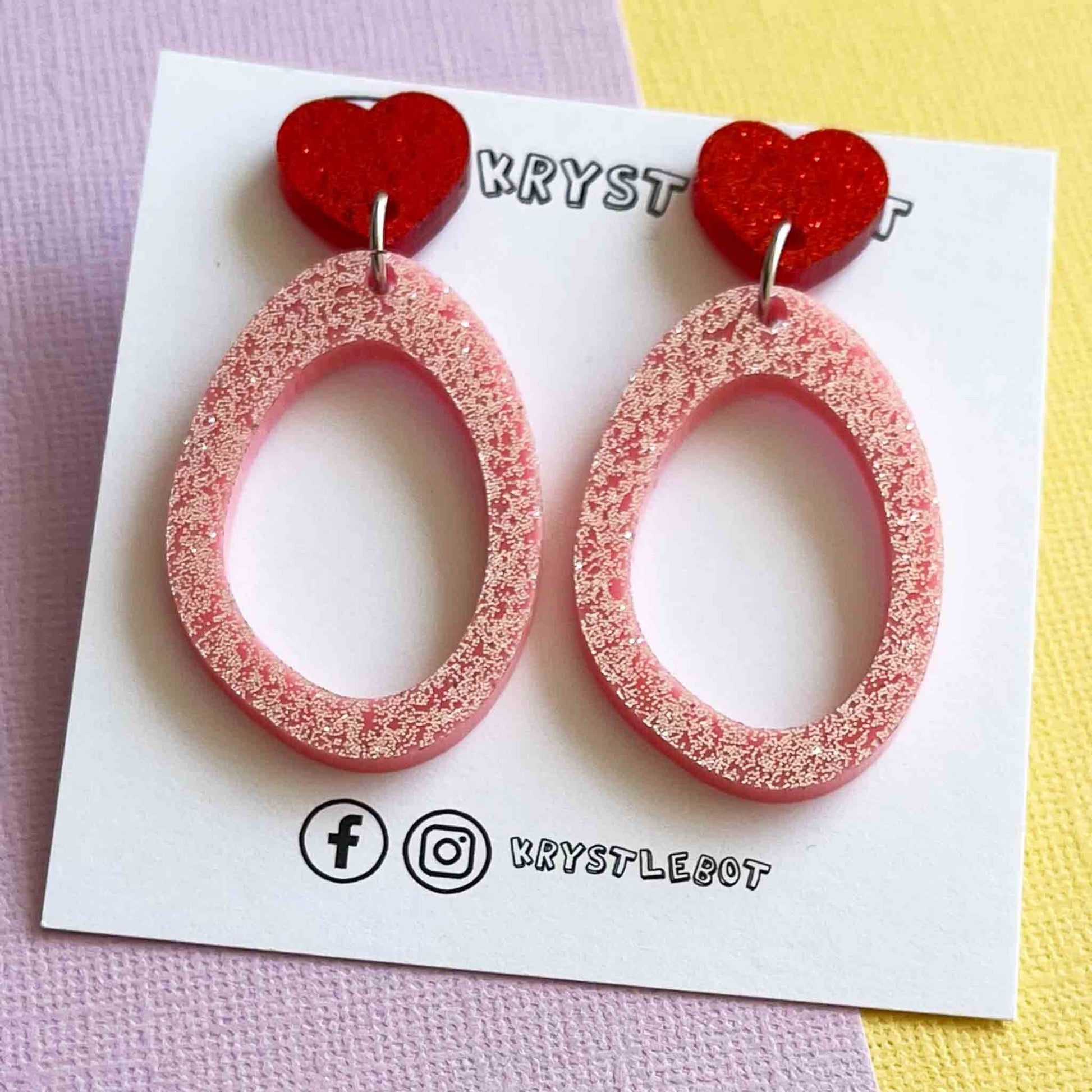 Pink Glitter Oval Statement Dangles with Red Glitter Heart Studs, Abstract Oval Pineapples, Teacher Earrings, Large Mega Earrings - Krystlebot