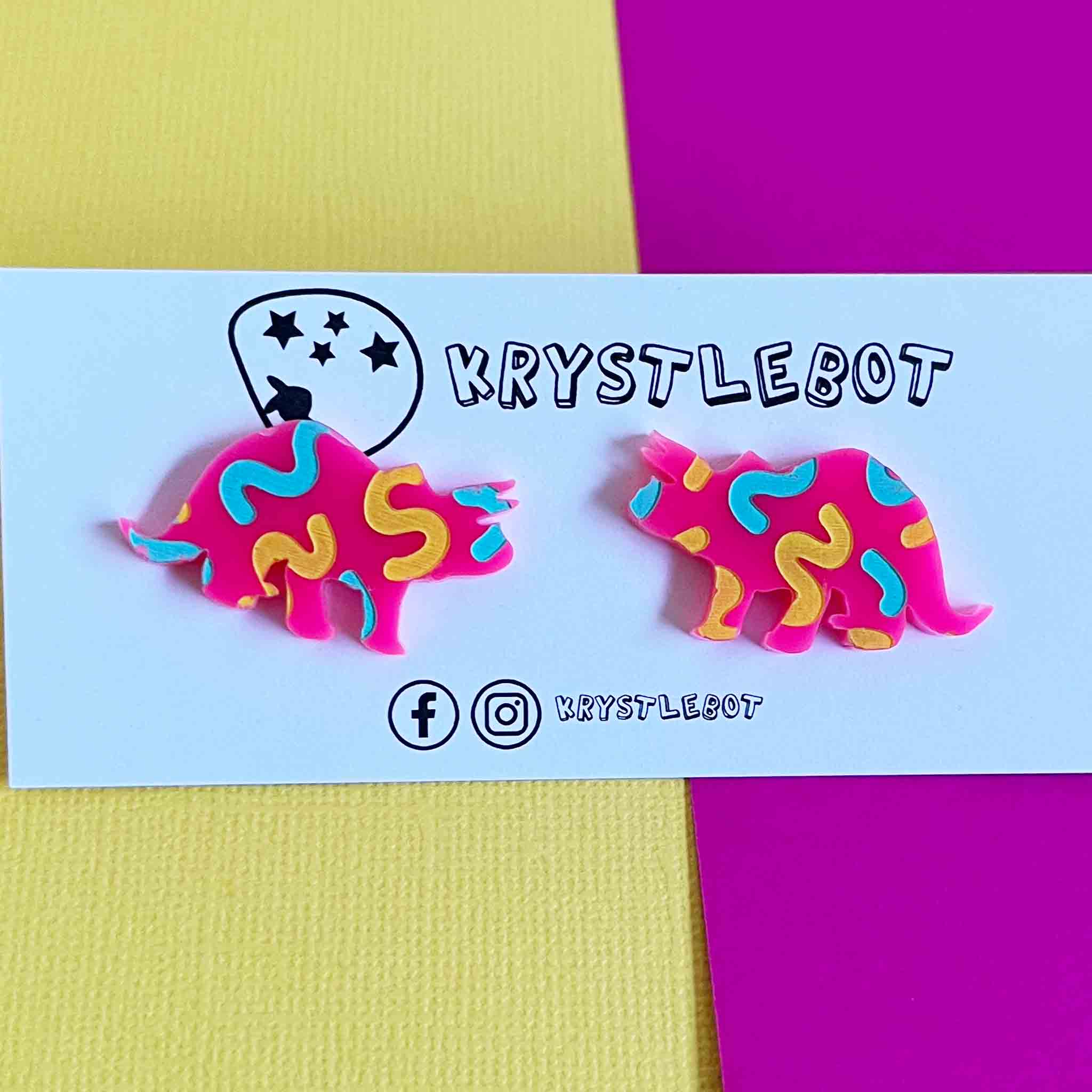 Triceratops Statement Studs, Pink Yellow Aqua, Hand Painted Dinosaur Earrings, One-Off Earrings, Unique Earrings, Lightweight Acrylic - Krystlebot