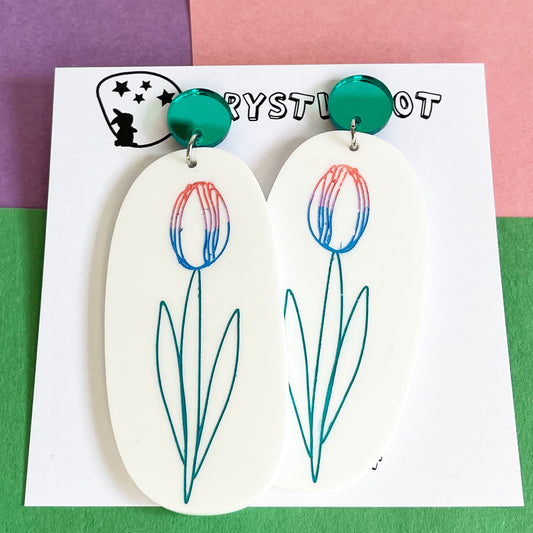 Tulip Mega Dangle, Pink Blue Green Flower, Hand Painted Illustrated Tulip, Wearable Floral Art, Big Statement Flower, Teacher Earrings Stud Inactive - Krystlebot